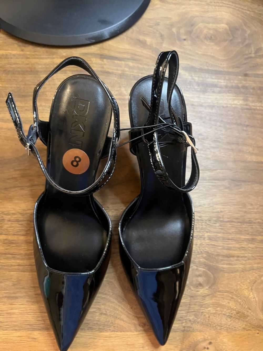 DKNY Black Patent Pointed-Toe Slingback Heels with Ankle Strap